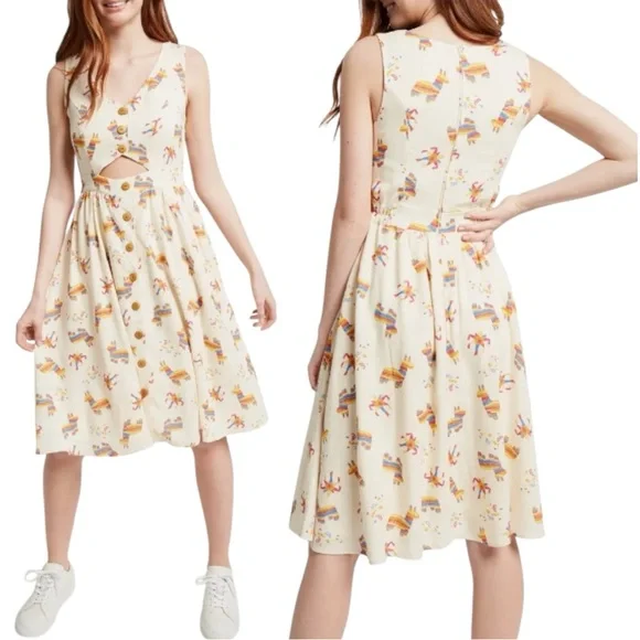 Modcloth Keeping On Cutout Pinata Print Dress A-Line Llama Rainbow Cream Size 1X - Picture 1 of 11